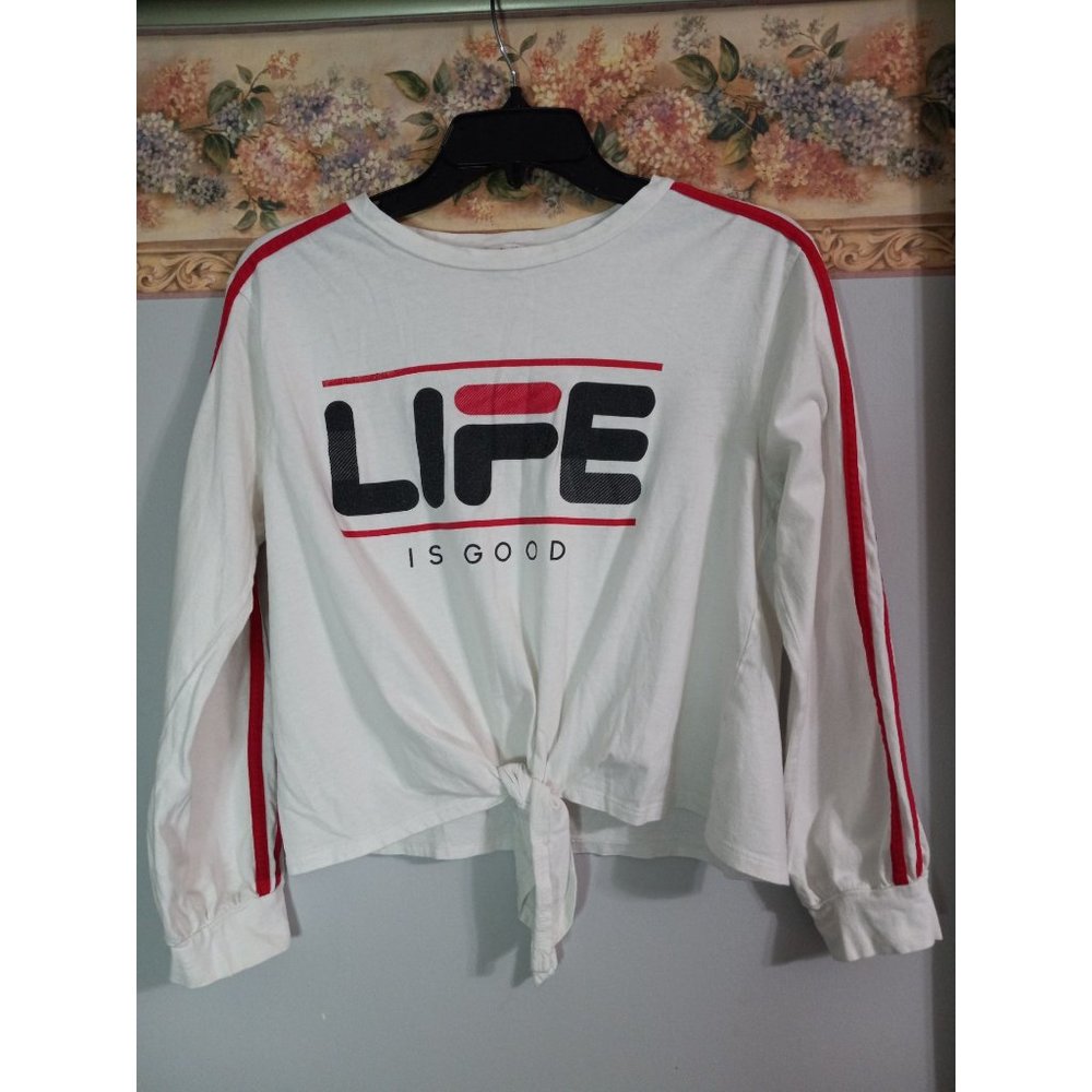 Cali Baby Small Life Is Good White Strip Knot Athleisure Crop Sport Top